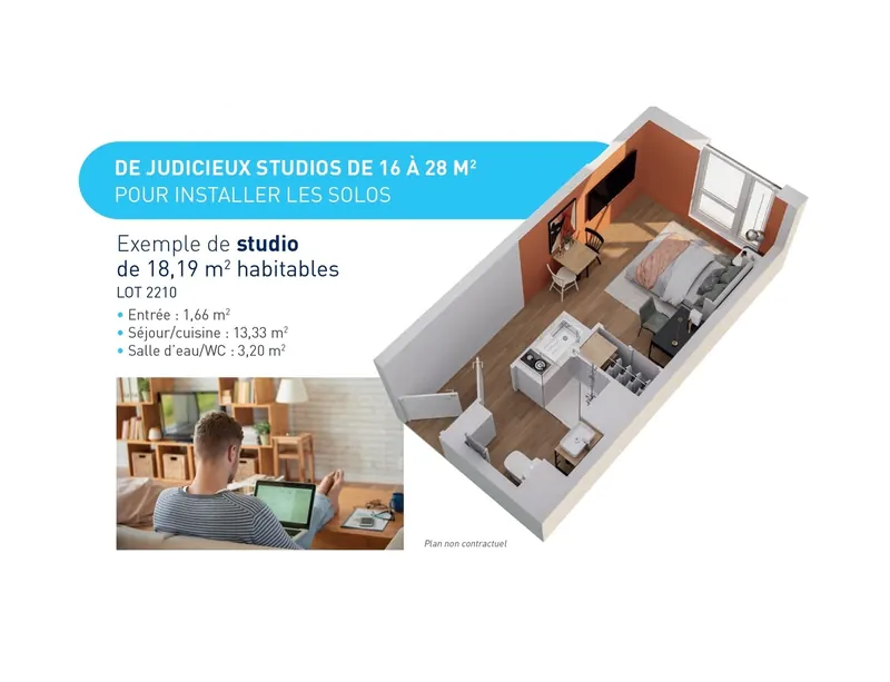 Exemple de studio meublé de 18 m² (plan non contractuel)