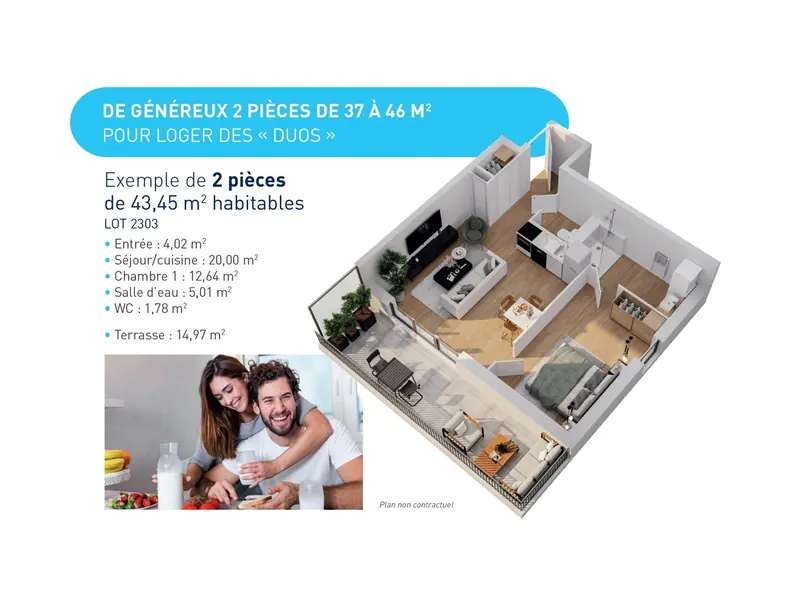 Exemple de 2 pièces de 43 m² avec terrasse (plan non contractuel)